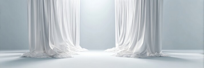 Leinwandbilder - Minimalist White Draped Curtains with Soft Lighting and Clean Background for Modern Commercial Event Stages and Premium Advertising Spaces