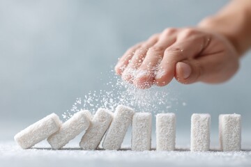 Aufkleber - Strategic Intervention in Domino Chain Reaction with Hand Stopping Wooden Blocks, Highlighting Risk Management and Crisis Prevention in Business Continuity