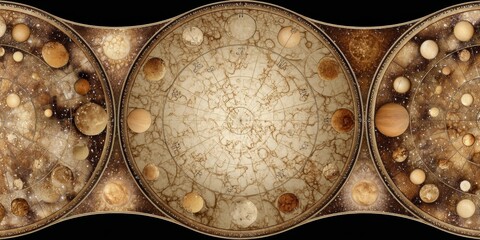 Poster - Vintage Celestial Map with Zodiac Constellations and Planetary Symbols in Circular Layout for Mystical Branding and Digital Astrology Design