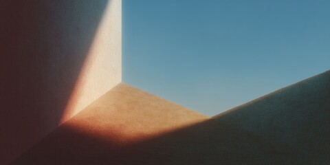 Poster - Soft Light and Shadow Abstract Minimalist Wall with Textured Surface and Clear Blue Sky for Modern Architectural and Interior Design Inspiration