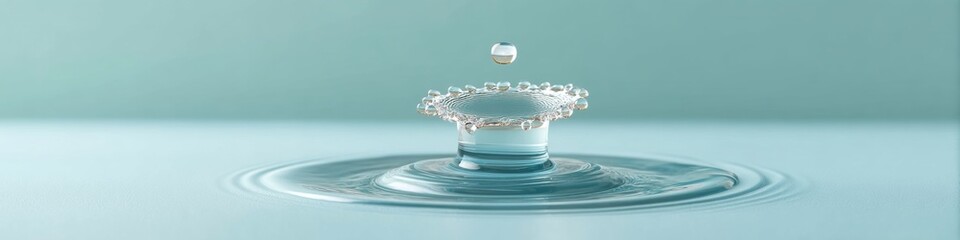 Aufkleber - Crystal Clear Water Droplet Splash with Crown Formation over Still Surface - Modern Beverage Advertising Symbolizing Purity, Impact, and Refreshing Change