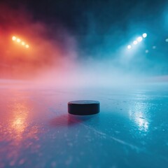 Aufkleber - Electric Blue Hockey Puck on Ice Rink with Intense Splash and Vibrant Orange-Blue Lighting for Modern Winter Sports Branding