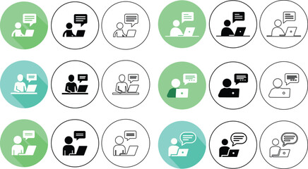 Poster - Set of round icons representing communication and messaging online with laptop computers