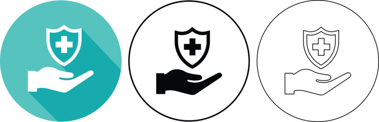 Fototapete - Illustration of a hand offering a healthcare shield icon within a round frame