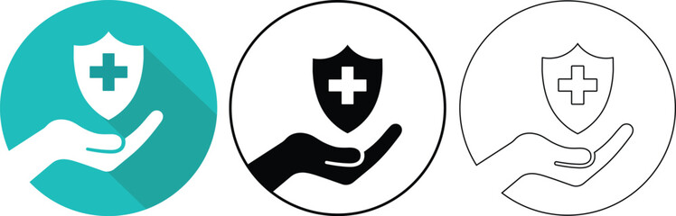 Poster - Health insurance medical shield with cross symbol held in open hand representing protection