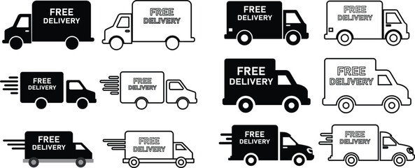 Poster - Collection of black and white delivery trucks illustrating free shipping and fast delivery concepts