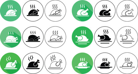 Fototapete - Various roasted chicken icons set within green and white circular frames restaurant food graphics