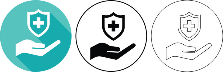 Poster - Healthcare shield symbol held in hand illustrating protection and safety with medical cross