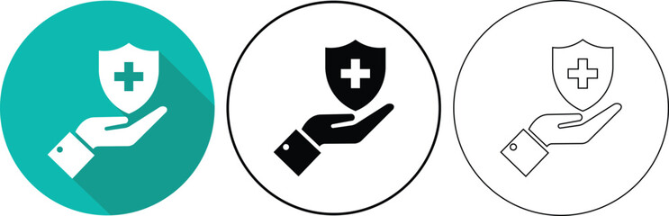 Poster - Medical protection concept with a shield and a hand representing health care and support.