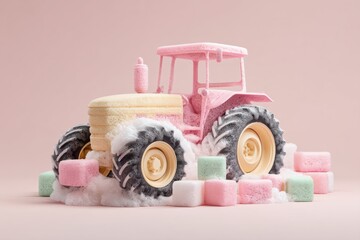Poster - Foam-covered Tractor Model Surrounded by Colorful Sugar Cubes in Pastel Minimalist Style - Modern Industrial Care and Maintenance Concept