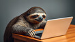 © Danielle - A sloth leaning over a wooden desk with a laptop, looking tired but determined. A humorous representation of work-life balance and slow productivity.