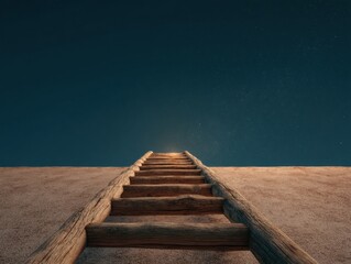Poster - Rustic Wooden Ladder Ascending Toward Bright Star in Minimalist Night Sky for Spiritual Growth and Motivational Personal Development