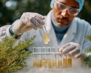 Aufkleber - Outdoors biotechnology researcher handling eco-friendly plant samples in test tubes amid greenery - sustainable science and innovation concept