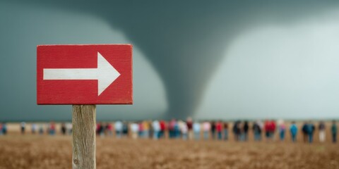 Poster - Storm Shelter Directional Sign on Wooden Post with Tornado Funnel Cloud in Rural Landscape for Emergency Preparedness and Community Safety Awareness