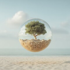 Poster - Transparent Sphere Shelter Encasing Mature Tree Floating Above Ocean Symbolizing Ecosystem Protection and Climate Change Sustainability Campaign
