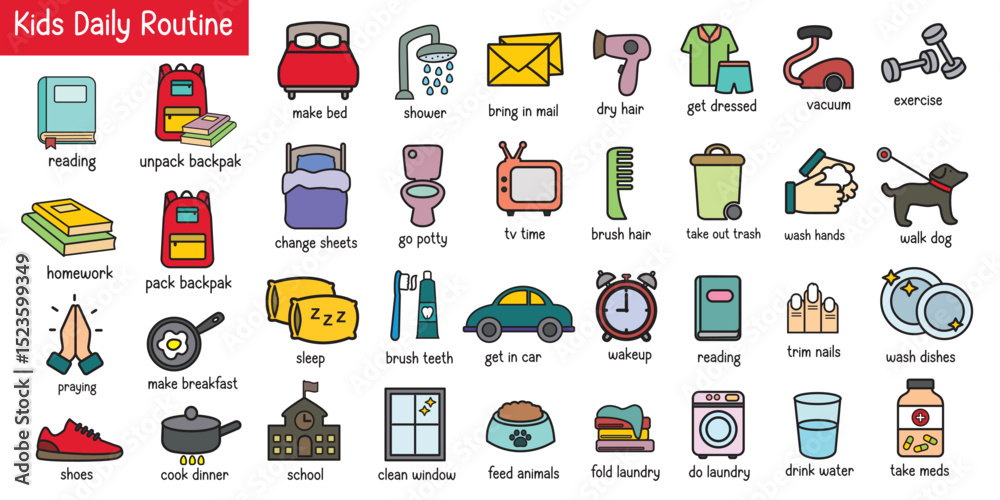 Daily Routine Symbol Colorful Set of colorful kids daily routine icon, kids chore chart icon vector ...