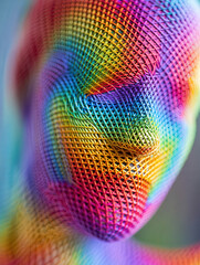 Poster - Close up of a rainbow colored woven mannequin head showing abstract artistic expression design