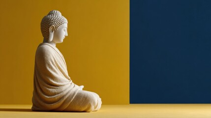 Poster - Minimalist Buddha Statue in Meditation Pose on Textured Background with Inspirational Quote for Spiritual Wellness and Mindfulness Greeting Card Design