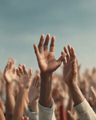 Poster - Diverse raised hands in outdoor crowd symbolizing active civic engagement and community participation in modern social responsibility campaigns