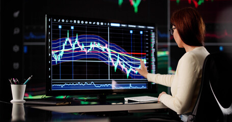 Poster - Young Female Financial Analyst Studies Market Trends On Computer