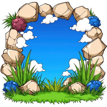 Charming pixel art scene featuring a stone frame adorned with lush green grass, fluffy white clouds, and a clear blue sky above vibrant blue and red