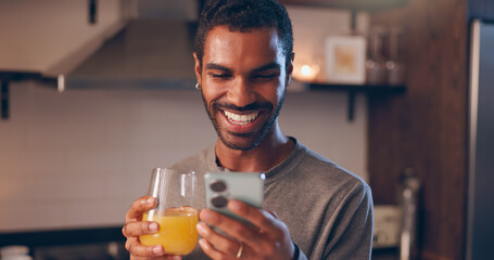 Aufkleber - Man, phone and juice in home with social media, favorite beverage and happy for vitamin C benefits. Person, mobile and smile with orange drink for text, contact and research health tips in kitchen