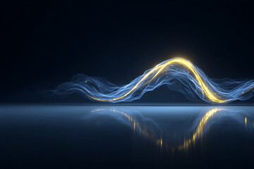 Fototapete - Abstract Wave of Golden and Light Blue Particles on Reflective Dark Surface Creating a Sense of Movement, Energy, and Modern Technology
