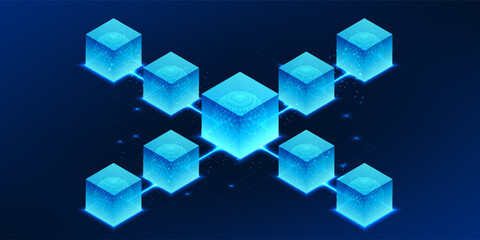 Fototapete - Quantum Technology, a series of interconnected square boxes, represents quantum technology processing that works in parallel and at a fast particle level to support new-age data and algorithms