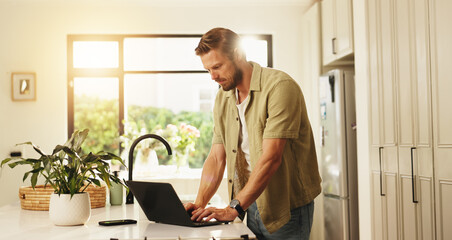 Poster - Typing, laptop and man in kitchen, home and planning for blog on social media, website and creative. Apartment, writer and person with tech for post on streaming site, blogger or remote work in house