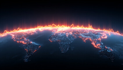 Poster - Digital World Map Displaying Global Connections with Orange Lines and Blue Dots on Dark Background Implying Worldwide Network And Data Transfer