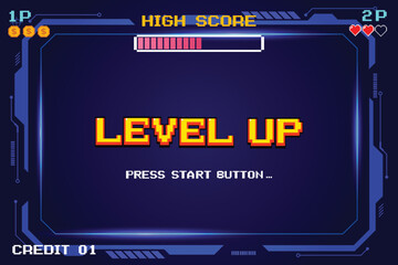 Aufkleber - LEVEL UP. pixel art .8-bit game. Retro Futurism Sci-Fi Background. glowing neon grid. and stars from vintage arcade computer games	