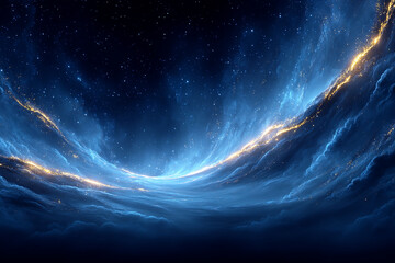 Aufkleber - Dreamy Nebula with Flowing Light Trails in Blue and Gold Colors on Dark Background
