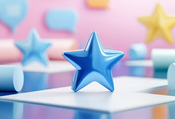 Poster - A glossy blue star rests on a white surface, surrounded by pastel shapes and a blurred background