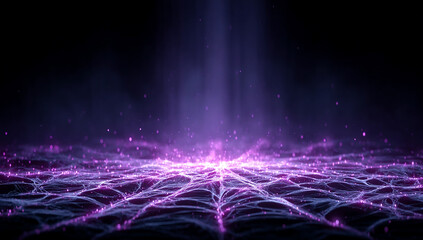 Fototapete - Ethereal Purple Light Beams Illuminate Digital Grid Surface with Glowing Particles Against a Dark Background in a Futuristic Design