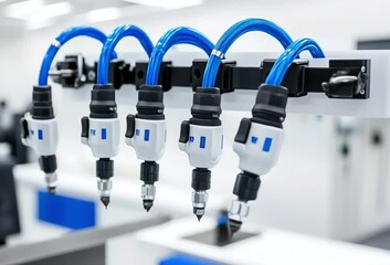 Poster - Automated dispensing system with multiple nozzles and blue tubing, mounted on a white surface