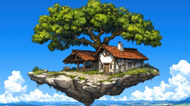 Pixel art illustration of a whimsical house nestled on a floating rock island beneath a large green tree against a vibrant blue sky. 