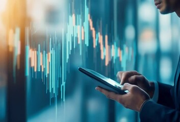 Poster - Person analyzing financial data on a tablet, overlaid with a dynamic graph showing market trends