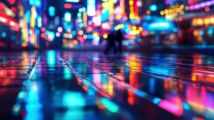 Poster - Vibrant city night reflections on wet pavement