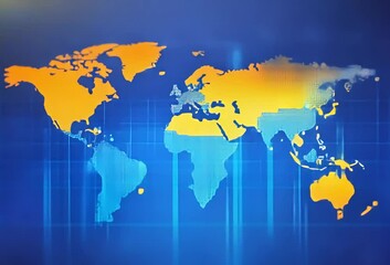 Poster - Global financial market data visualized on a world map with bar charts representing economic trends
