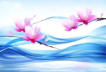 Poster - Delicate pink blossoms on a branch, set against a backdrop of flowing blue abstract waves.  The image evokes serenity and tranquility
