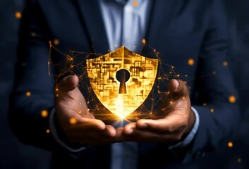 Poster - Glowing shield with keyhole, held in hands, symbolizes digital security and protection