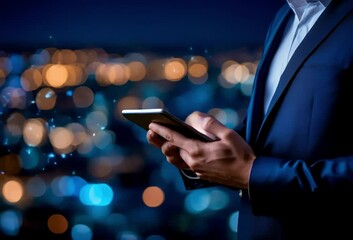 Poster - Person in suit uses tablet against city lights.  Data flows from device