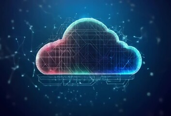 Poster - Abstract cloud computing network visualization.  Glowing lines form a cloud shape against a dark blue background, suggesting digital connectivity and data storage