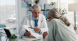 © peopleimages.com - Doctor, man and woman with document for healthcare, life insurance or application in clinic. People, medical aid employee and clipboard with form, survey or paperwork for registration or service