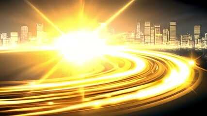 Poster - Golden light trails curve around a city skyline at night, creating a dynamic and energetic composition