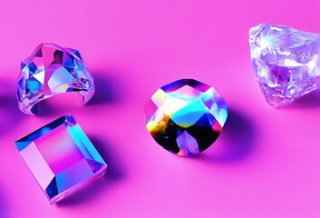 Poster - Iridescent gemstones arranged on a vibrant pink background.  Each gem displays a unique multifaceted reflection