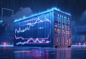 Poster - A futuristic shipping container displays vibrant, dynamic data graphs against a dark, rainy cityscape backdrop