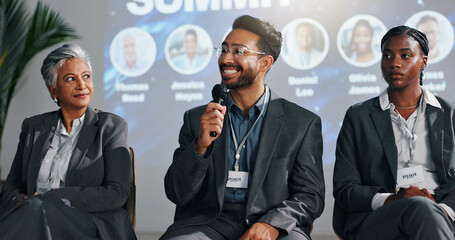 Aufkleber - Presentation, speaker and panel of people on a stage for discussion, seminar FAQ and conference. Business summit, entrepreneurship expo and man with women with mic for tradeshow, event and convention