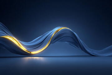 Poster - Minimalist Blue Cloth Flowing with Shimmering Gold Lining in Soft Lighting Creating Shadows and Reflections on a Smooth Surface for Art Design