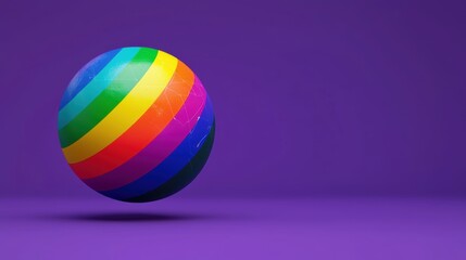 Poster - A colorful rainbow-striped sphere floats against a solid purple background, creating a vibrant and modern visual, colorful pride month